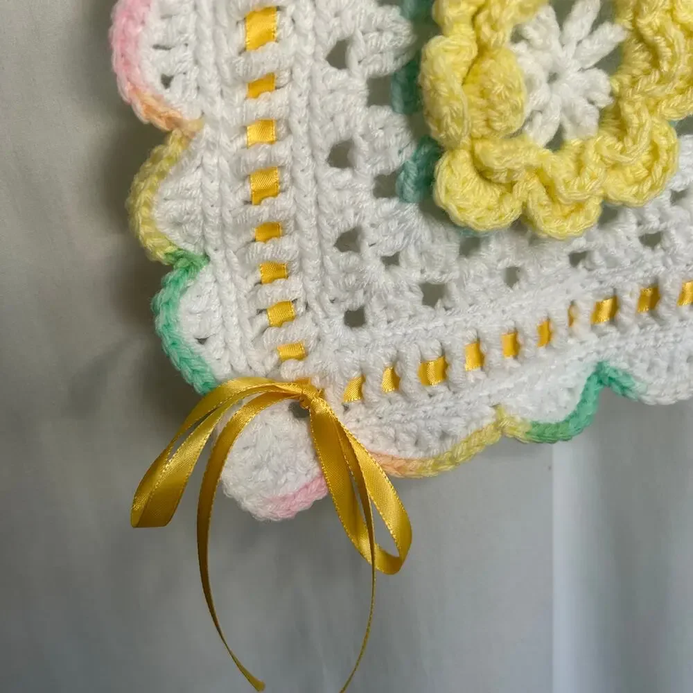 Handmade 3D Floral Baby Afghan 39x39 Green Yellow‎ Pink White